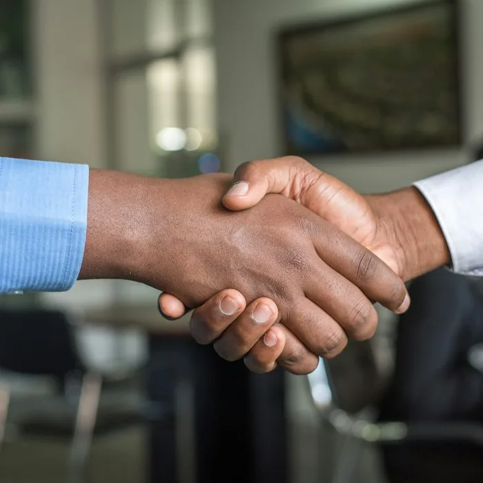 Two colleagues shaking hands in an office