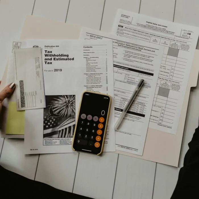 Financial statements, pen, and calculator on a desk