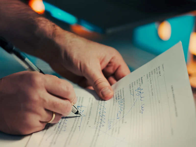 A person signing a document with a pen