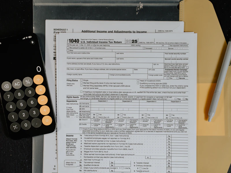 Tax forms and a calculator on a desk